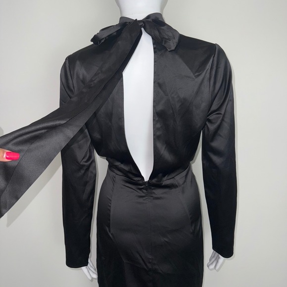 Commense Black Mini Dress Long Sleeve Mock Neck Tie Back Cocktail Bodycon M - Picture 10 of 17